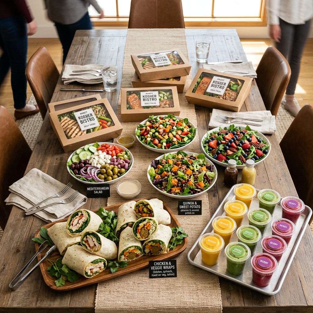 Office catering spread of wrap platters and chicken bites