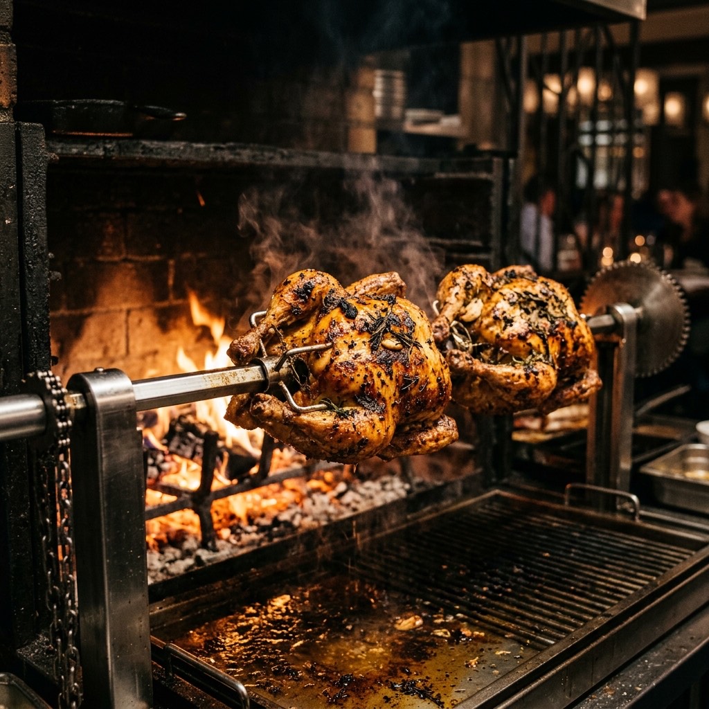 Whole chickens turning on the rotisserie