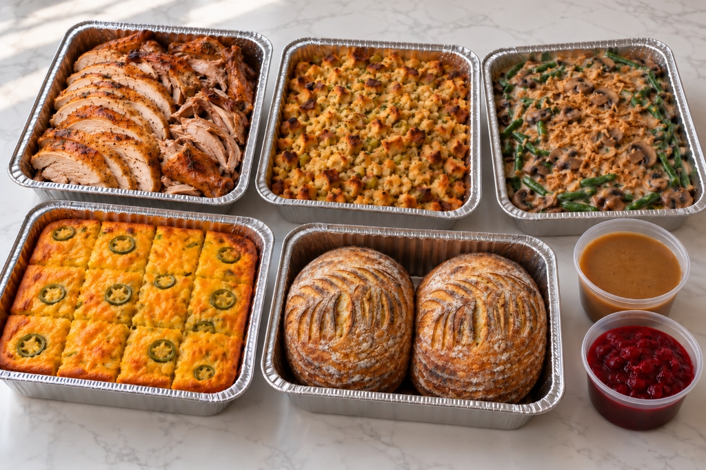 Whole carved rotisserie turkey family meal