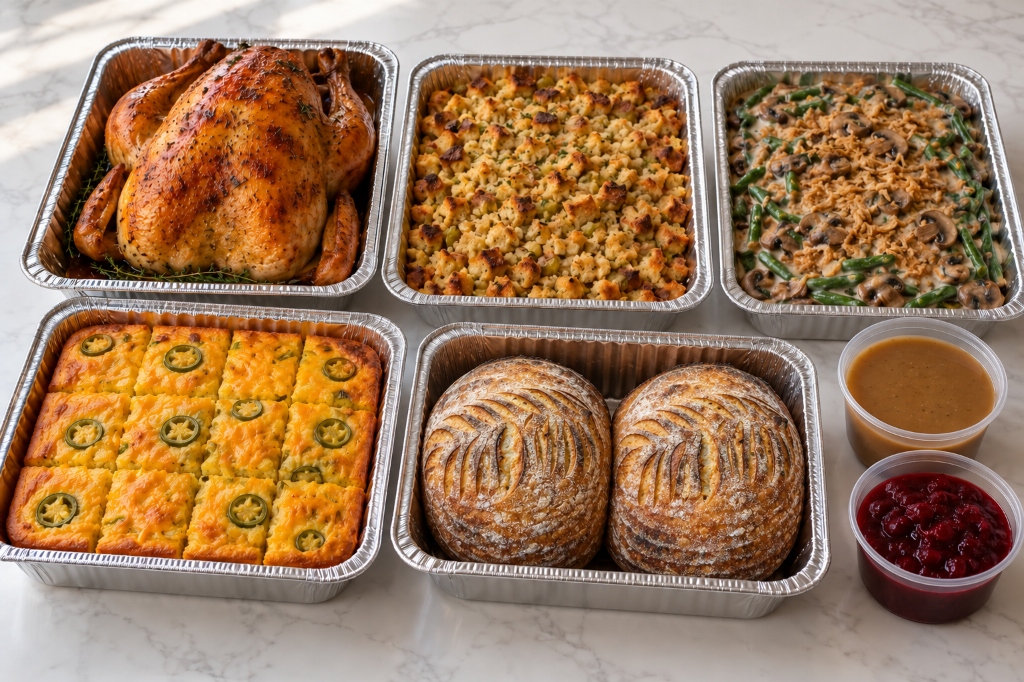 Whole un-carved rotisserie turkey family meal