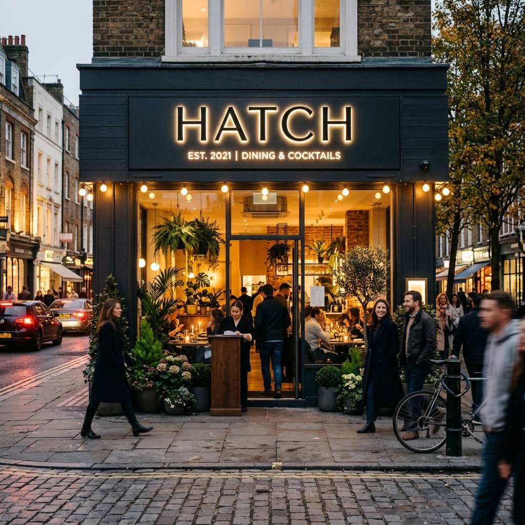 Hatch Kitchen's illuminated storefront sign on West Pico Boulevard